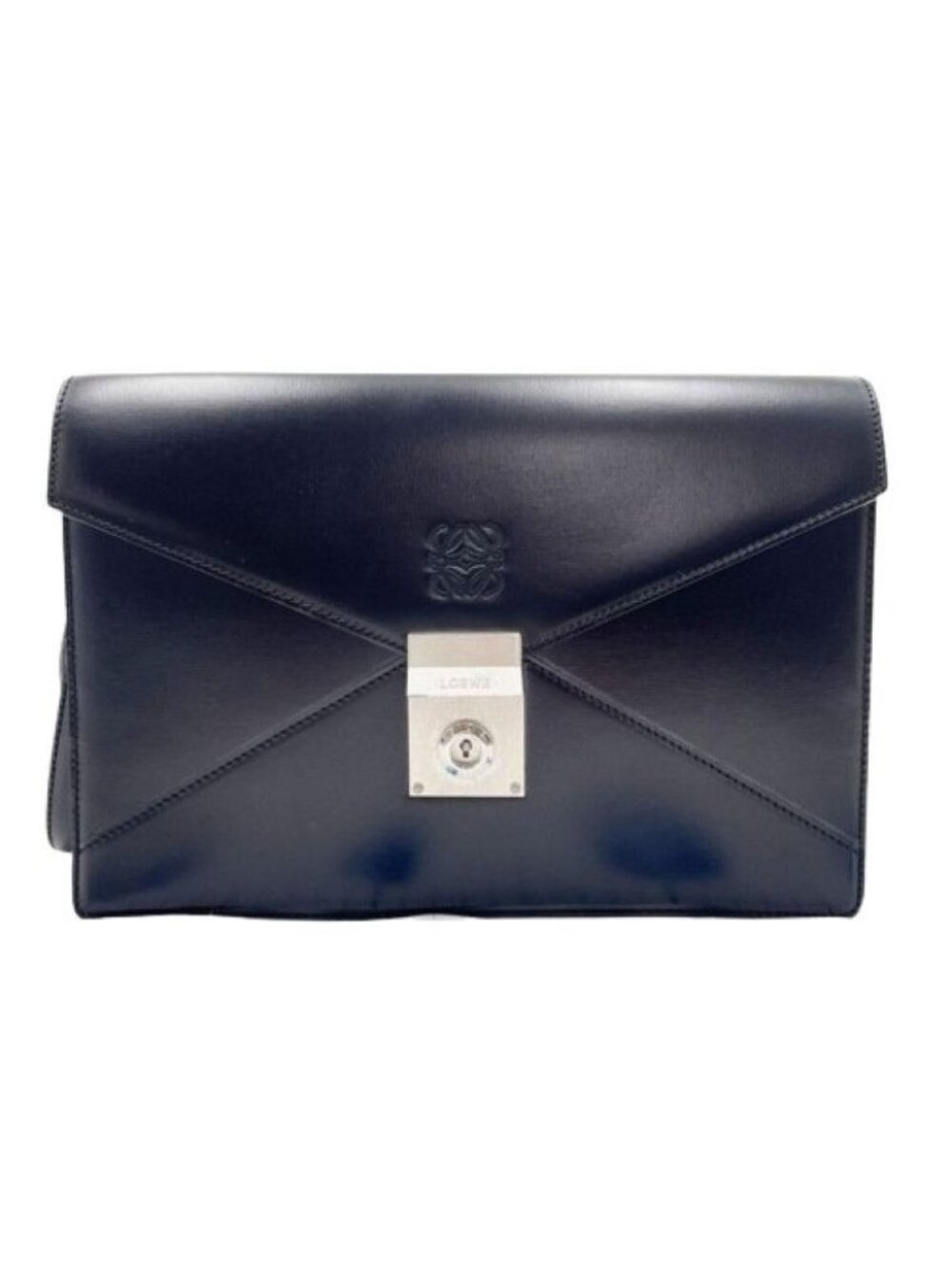 Loewe Clutch Anagram Diplomatico 361.75.001 Black Calf Leather Wristlet Silver